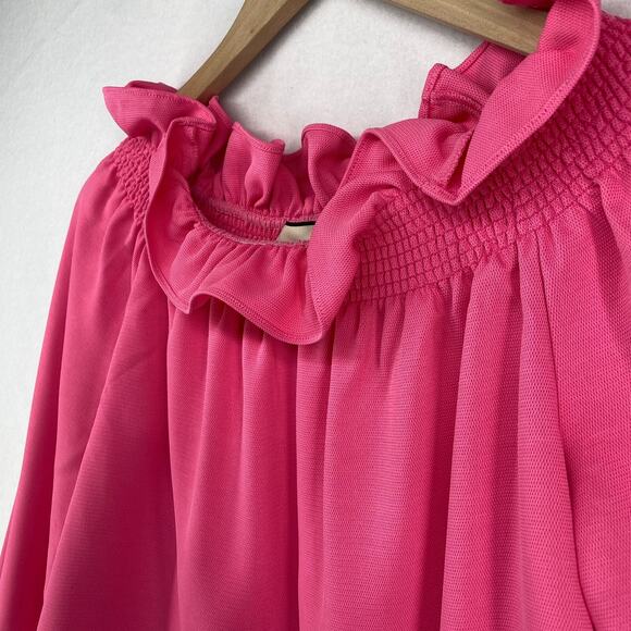 TUCKERNUCK Top XS Shirred Ruffle Off the Shoulder Long Sleeve Blouse Pink - Picture 4 of 13